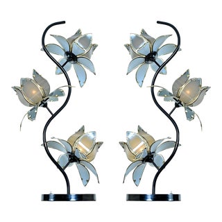 Anthony California Lacquer and Brass Hollywood Regency Etched Glass Floral Lamps For Sale