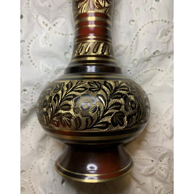 Vintage Etched Brass Vase With Floral Design Made In India Burgundy Gold Tone In good used condition, with some wear on...