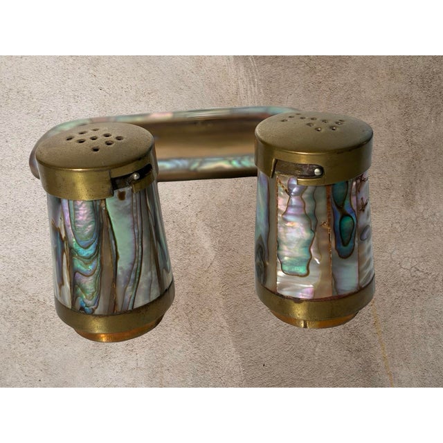 Mexican Vintage Mexican Abalone & Brass Salt and Pepper Set With Tray For Sale - Image 3 of 10
