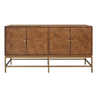 Matthew Izzo Home Ariel Dark Burlwood Four Door Buffet With Acrylic and Antique Brass Door Pulls and Antique Brass Base For Sale