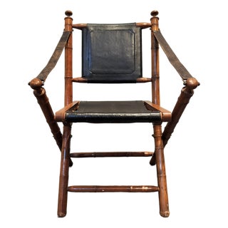 Vintage 1970s Faux Bamboo and Leather Folding Chair For Sale