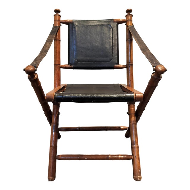 Vintage 1970s Faux Bamboo and Leather Folding Chair For Sale