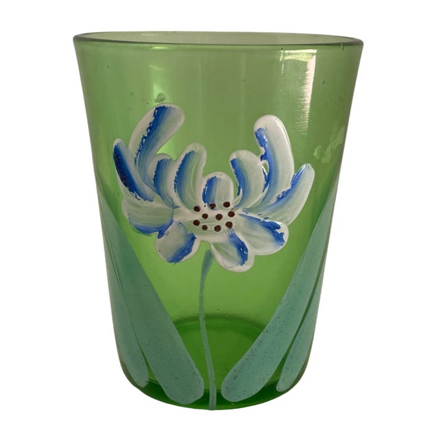 Hand-Painted Green & Blue Victorian Tumblers Glasses- a Pair For Sale - Image 4 of 6