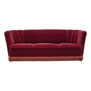 Vintage Danish 3-Seater Sofa in Cherry-Red Furniture Velour, 1960s For Sale
