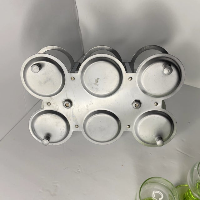 Vintage Chrome Farberware Drink Caddy and Green Bormioli Rocco Cordial Glasses- 7 Pieces For Sale - Image 4 of 9