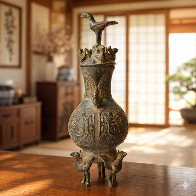 Striking antique late Qing dynasty era 19th‑century Chinese bronze ritual vessel featuring dramatic three‑dimensional bird...