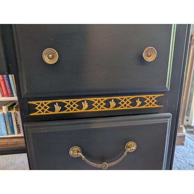 Vintage, mid-century student desk refinished in black and hand painted in gold-tone rococo-inspired details. 4 drawers and...