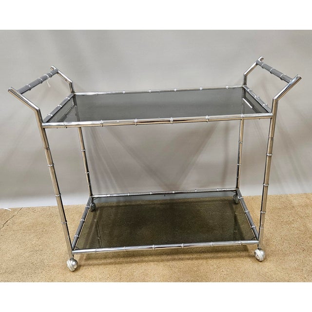 Mid-Century Modern 1970s Mid-Century Modern Large Faux Bamboo Steel and Smoked Glass Bar Cart For Sale - Image 3 of 11