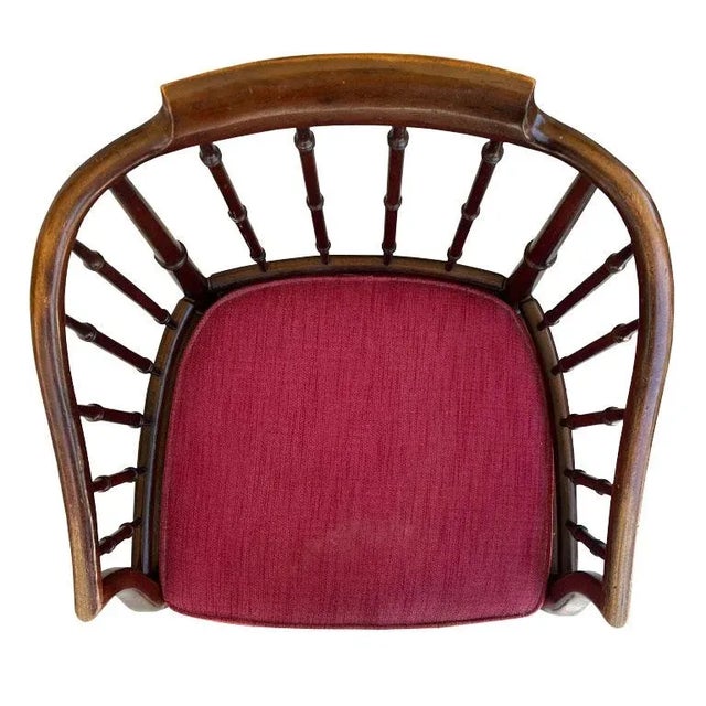 Textile 1960s Hollywood Regency Chippendale Brown and Red Faux Bamboo Wood Barrel Arm Chair For Sale - Image 7 of 8