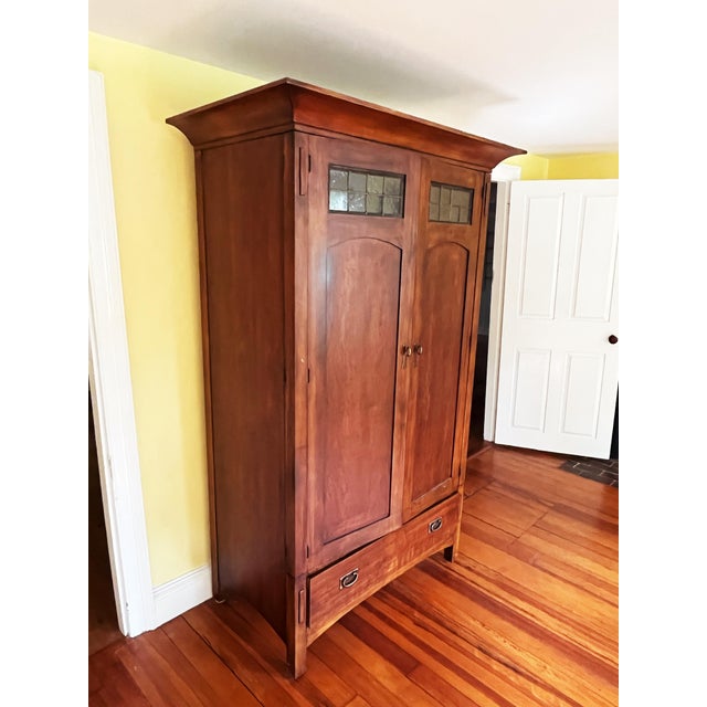 Romweber Romweber Arts & Crafts Solid Cherry Armoire With Leaded Glass For Sale - Image 4 of 5