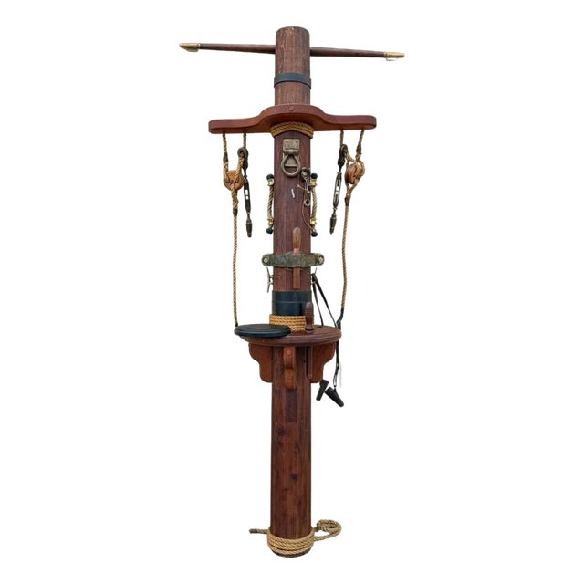 Vintage Custom Nautical Wood 95" Ship Mast Mancave Bar Island W Pulley & Ropes For Sale