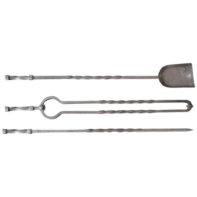 Early Gothic Twisted Steel Fire Irons, Set of 3 For Sale