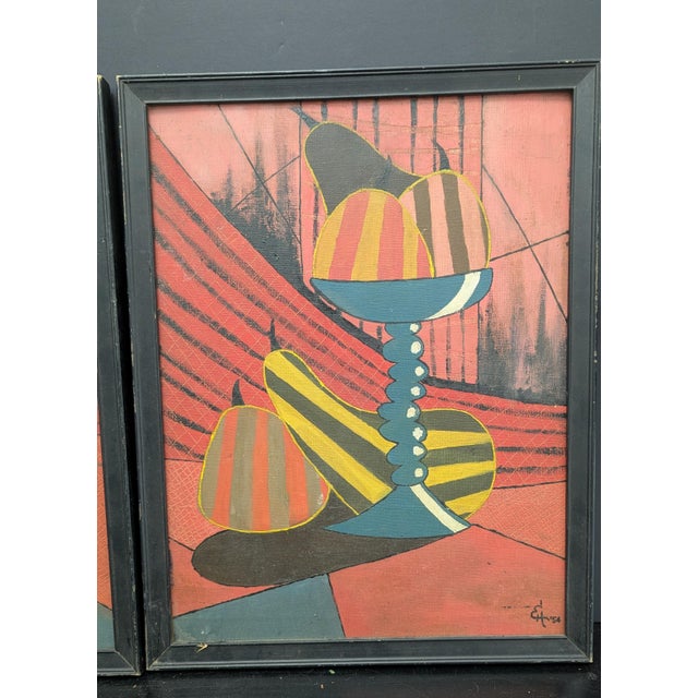 Mid-Century Modern 1950s Pair Abstract Paintings MCM Fruit Bananas Still Life Red Pink Signed For Sale - Image 3 of 7