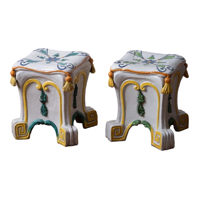 Italian Majolica Trompe L’Oeil Garden Stools For Sale