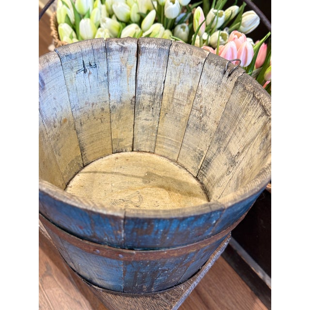 Rustic Antique 1800s Shaker Wooden Bucket Blue Paint For Sale - Image 3 of 11
