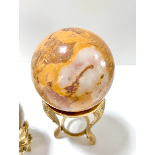 1970s Vintage Marble & Onyx Decorative Spheres on Brass Pedestals – Set of 3 For Sale - Image 5 of 9