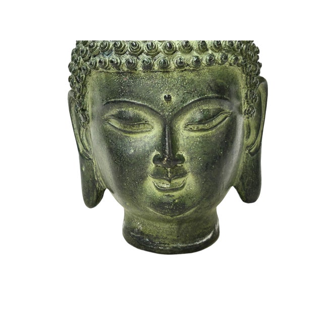 Metal 6" Vintage Green Bronze Patina Metal Finish Rustic Buddha Head Display Figure For Sale - Image 7 of 8