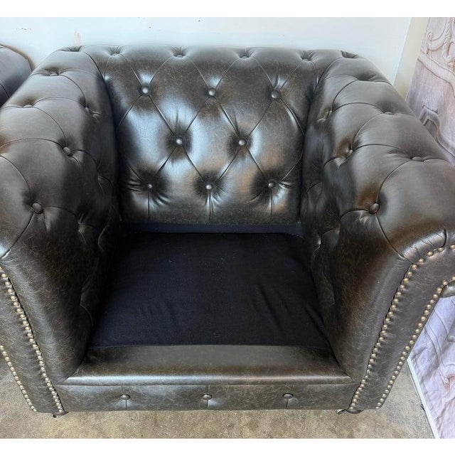Pair of English CHesterfield Club Chairs- Tufted Armchairs For Sale - Image 4 of 18