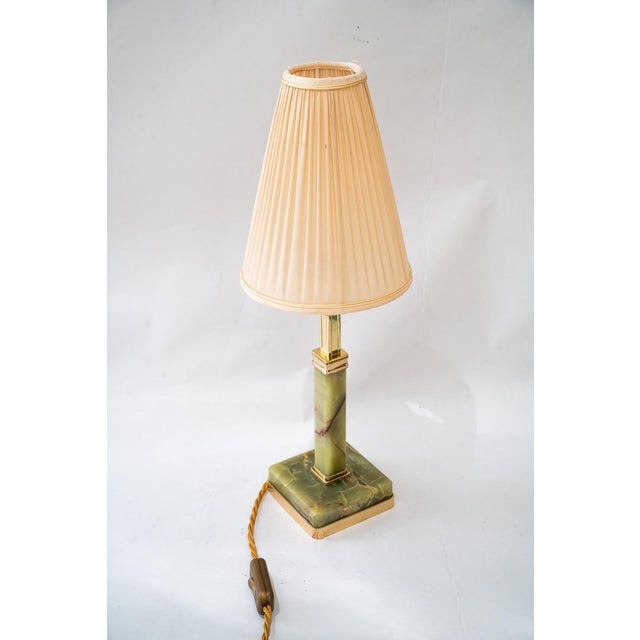 Art Deco Jade Table Lamp with Brass and Fabric Shade, 1920s For Sale - Image 3 of 18