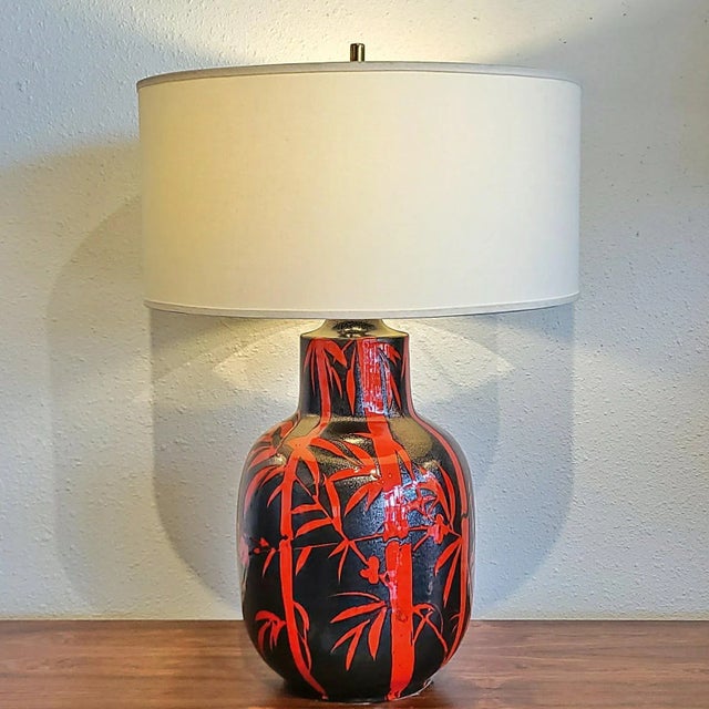 Textile Red on Black Alvino Bagni Bamboo & Peach Blossom Decor Table Lamp (Italy) For Sale - Image 7 of 7