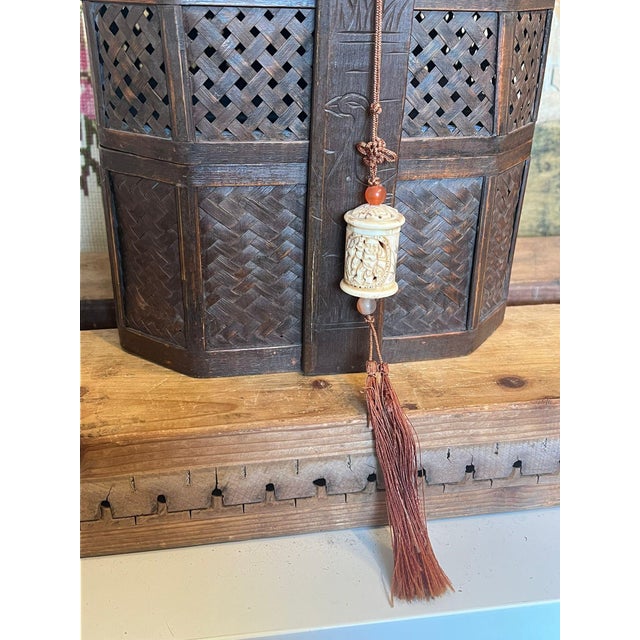 Black Antique Chinese Carved Wicker and Bamboo Lunch Box Basket. For Sale - Image 8 of 8