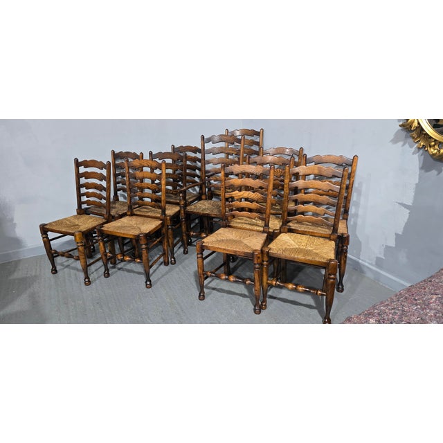 Wood Vintage Lancashire Oak Dining Chairs with Ladder Back, 1920, Set of 12 For Sale - Image 7 of 16