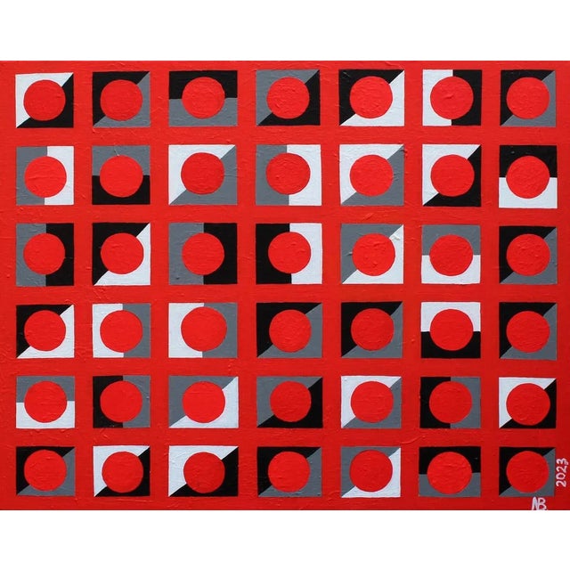 "Red Circles Composition" Original Acrylic Painting on Canvas by Natalia Bessonova For Sale