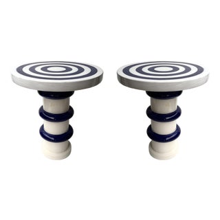 Contemporary Pair of Blue and White Ceramic Stripe Side Tables. Italy For Sale