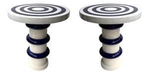 Contemporary Pair of Blue and White Ceramic Stripe Side Tables. Italy