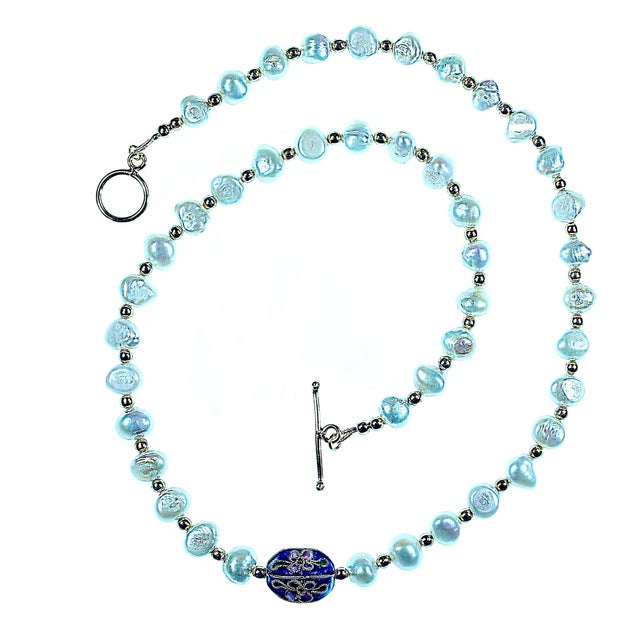 Traditional Ajd 19 Inch Double Shine White Pearl Necklace With Cloisonné Focal For Sale - Image 3 of 6