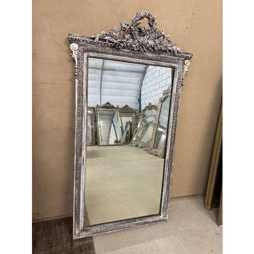 Glass Large 19th Century Antique French Carved Wood and Gesso Silvered Mirror For Sale - Image 7 of 8