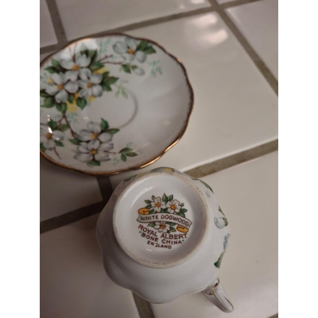 Mid-Century Modern Vintage Royal Albert "White Dogwood" Fine Bone China Teacup and Saucer Set For Sale - Image 3 of 3