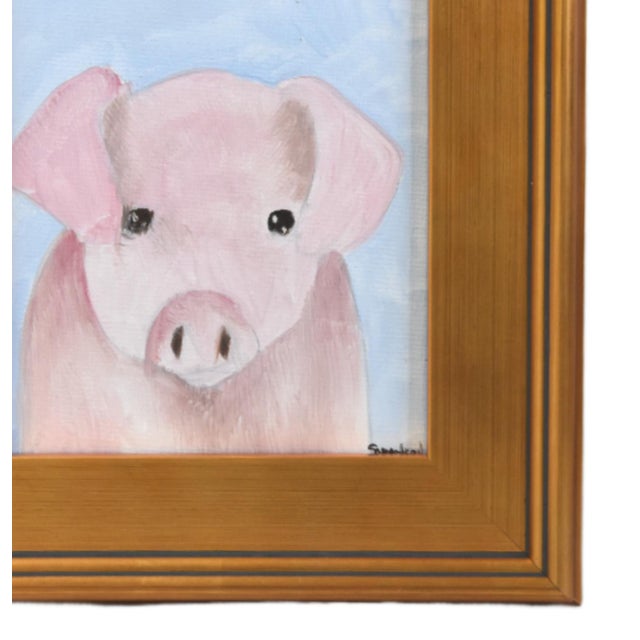 Charming folk art, pink pig giggy portrait study, oil painting on artist canvas panel. Signed by the artist "Swanson" on...