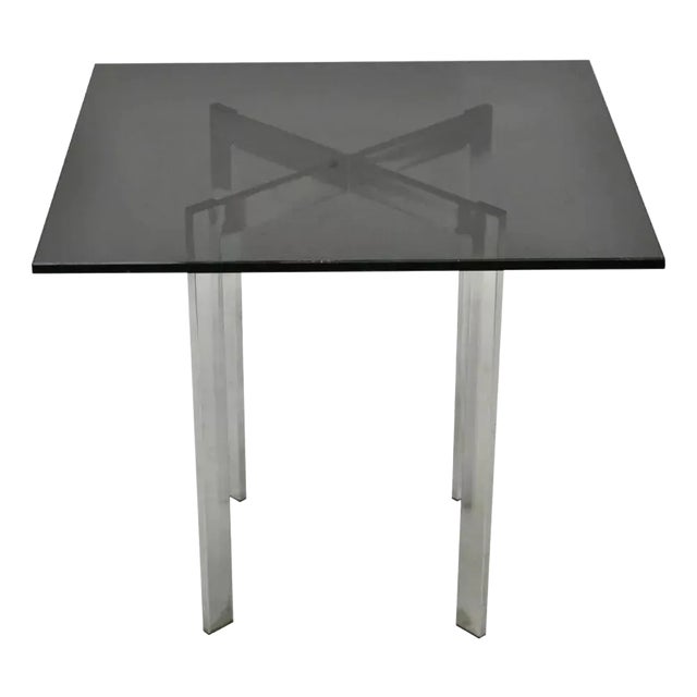 Mid 20th Century Chrome X-Frame Smoked Glass Barcelona Style Side End Table For Sale