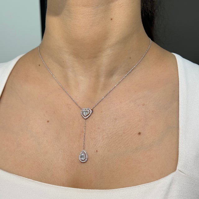 Diamond Halo Heart & Teardrop Lariat Necklace in 14k White Gold, 16 Inches For Sale - Image 9 of 17