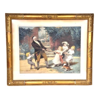 Frederick Morgan "Tug of War" Chromolithograph in Exceptional Antique Gilt Aesthetic Movement Frame For Sale