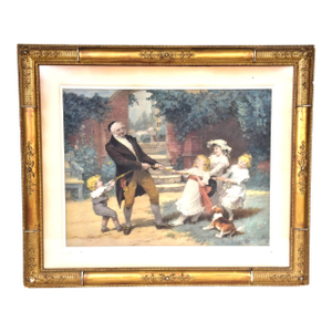Frederick Morgan "Tug of War" Chromolithograph in Exceptional Antique Gilt Aesthetic Movement Frame