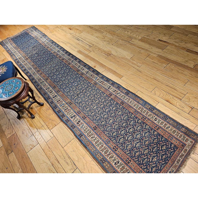 Vintage Persian Kurdish Runner Rug, Hand-Knotted Wool, All-Over Paisley Pattern, Blue & Green, 3x15 For Sale - Image 9 of 17