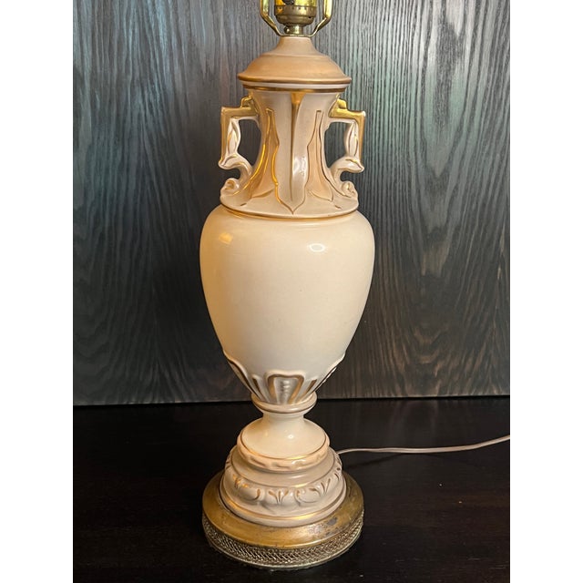 Mid 20th Century French-Style Urn Lamp With Gilded Flowers and Original Lampshade For Sale - Image 4 of 12