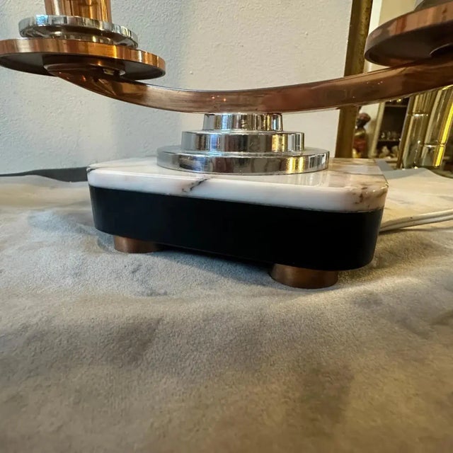 1930s A Pair of 1930s Art Deco Marble, Copper, Steel and Glass French Table Lamps For Sale - Image 5 of 12