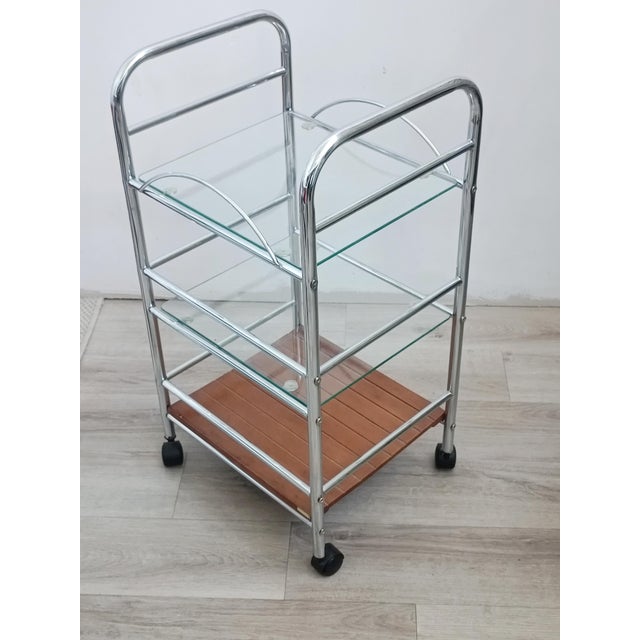 Beautiful Allibert serving cart/side table on casters. Made in France, 1990s. Chrome-plated tubular metal frame. Removable...