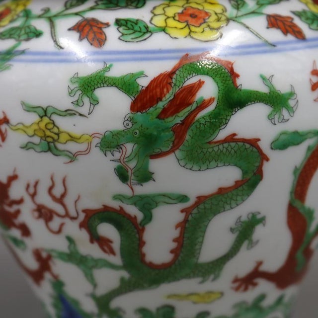 Early 20th Century Chinese Ceramic Pot Ming Dynasty Jiajing Marked Blue and White Famille Verte Porcelain Ginger Jar Hand Painted Dragon Pattern For Sale - Image 4 of 8