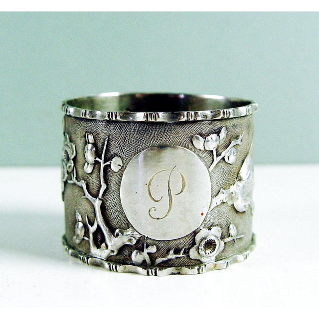 Chinese Aesthetic Movement Sterling Silver Birds Cherry Blossoms Chinese Export Napkin Ring For Sale - Image 3 of 5