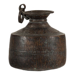 Hand-Hammered Indian Metal Milk Jug with Ring Handle, Vintage For Sale