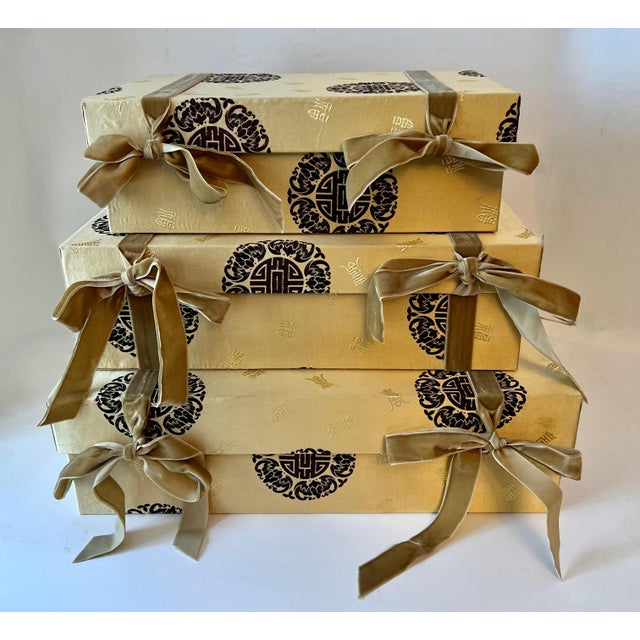 Mid 20th Century Three Silk Chinese Nesting Boxes with Velvet Ties & Symbols of Good Luck For Sale - Image 4 of 7