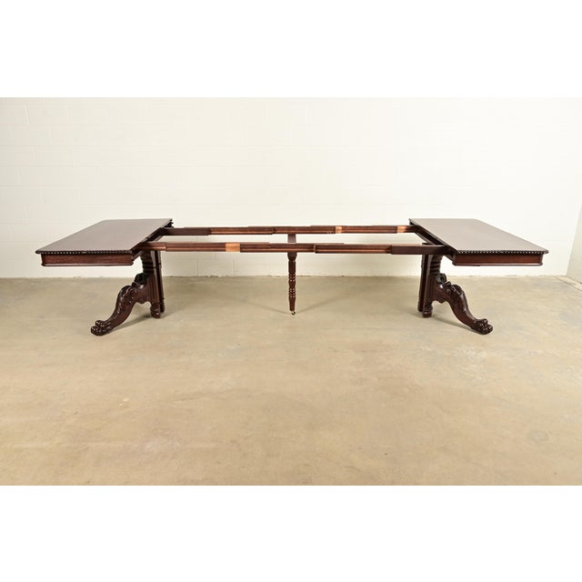 R. J. Horner Antique Victorian Carved Mahogany Split Pedestal Extension Dining Table With Lion Paw Feet, Newly Refinished For Sale In South Bend - Image 6 of 13