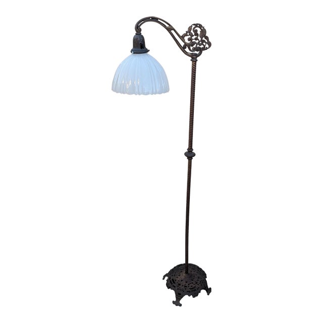 Antique Victorian Cast Iron Bridge Floor Lamp — Milk Glass Cloche For Sale