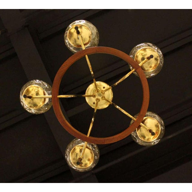 Mid-Century Modern Brass & Walnut Danish Modern Five-Light Champagne Glass Shades Chandelier For Sale - Image 3 of 10