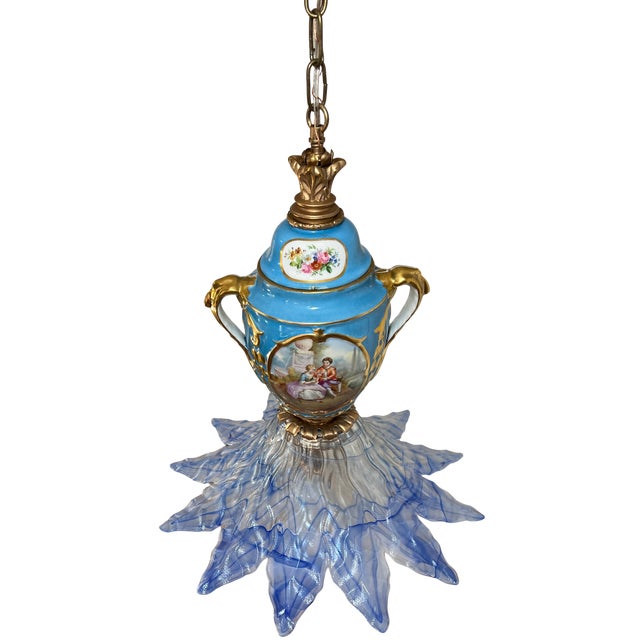 Antique Sevres-Style Bleu Celeste Romantic Floral Porcelain With Murano Art Glass Lotus Blue Shade For Sale In New York - Image 6 of 17