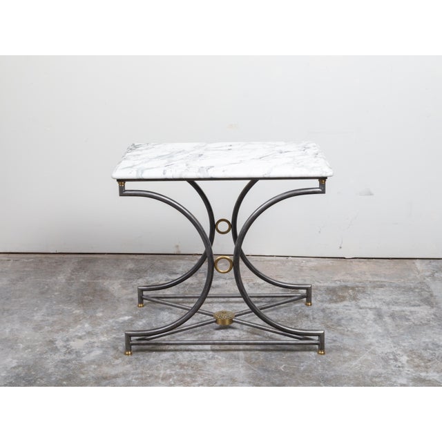 Mid 20th Century French Midcentury Steel and Bronze Console Table with White Veined Marble Top For Sale - Image 5 of 12